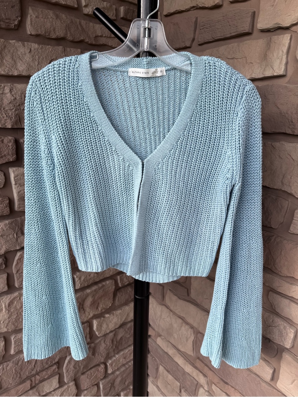 Altar’d State Blue Knit Cropped Bell Sleeve Cardigan Sweater